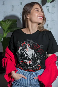 A cozy Hotaru Haganezuka T-shirt featuring a black and white manga comic print of the Demon Slayer swordsmith, styled as women's Harajuku fashion.