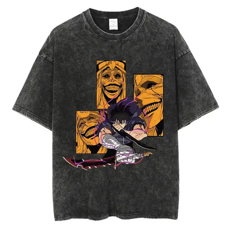 A trendy Solo Leveling Vintage T-shirt featuring a Sung Jinwoo graphic print, designed with a retro washed cotton finish for Harajuku streetwear.