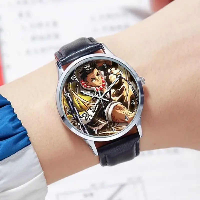 A stylish Demon Slayer Watch featuring two-dimensional anime art of Rengoku Kyoujurou and Tokitou Muichirou, designed as a trendy business wristwatch.