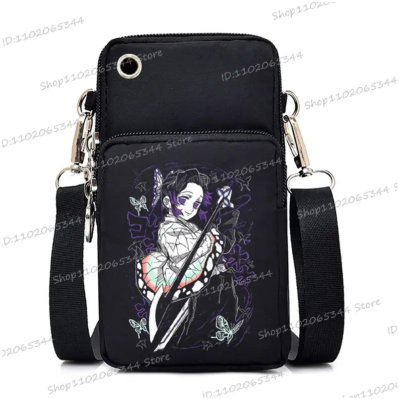 A trendy Demon Slayer Phone Bag featuring anime art of Nezuko Kamado and Mitsuri Kanroji, designed as a Harajuku mini crossbody purse for women and men.