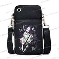 A trendy Demon Slayer Phone Bag featuring anime art of Nezuko Kamado and Mitsuri Kanroji, designed as a Harajuku mini crossbody purse for women and men.
