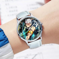 A stylish Demon Slayer Watch featuring two-dimensional anime art of Rengoku Kyoujurou and Tokitou Muichirou, designed as a trendy business wristwatch.