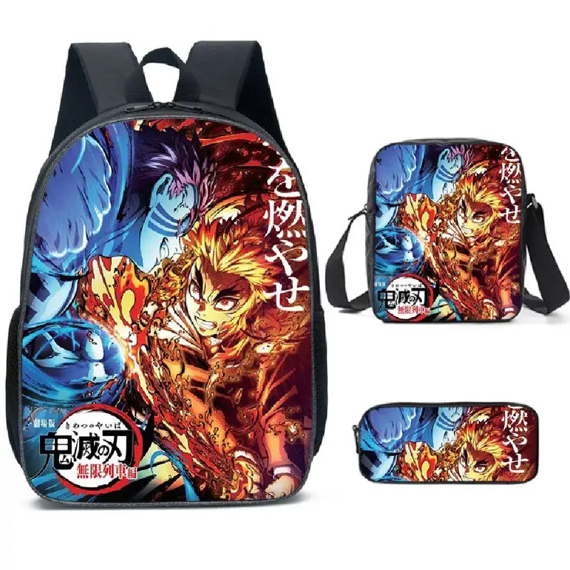 A pink Demon Slayer Backpack 3-piece set featuring Kamado Nezuko anime art, including a schoolbag, shoulder bag, and pencil case for students.