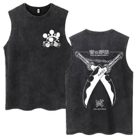 A washed retro Zenitsu Demon Slayer Tank Top featuring Agatsuma Zenitsu manga art, sleeveless cotton summer streetwear for men and women.