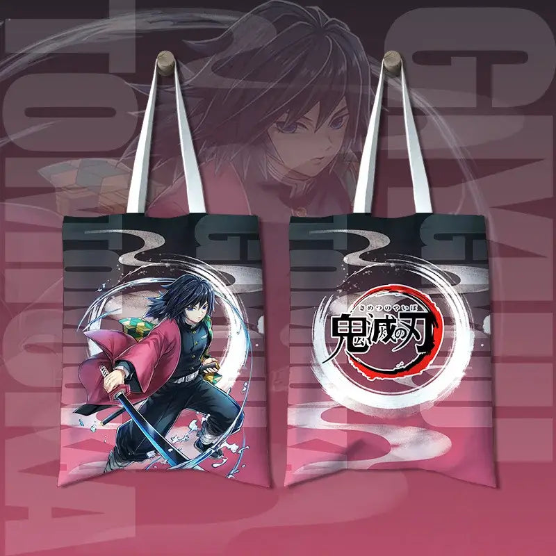 A stylish Shinobu Kocho Canvas Bag featuring a cute cartoon print of the Insect Hashira, designed as a small Japanese style shoulder handbag for women.