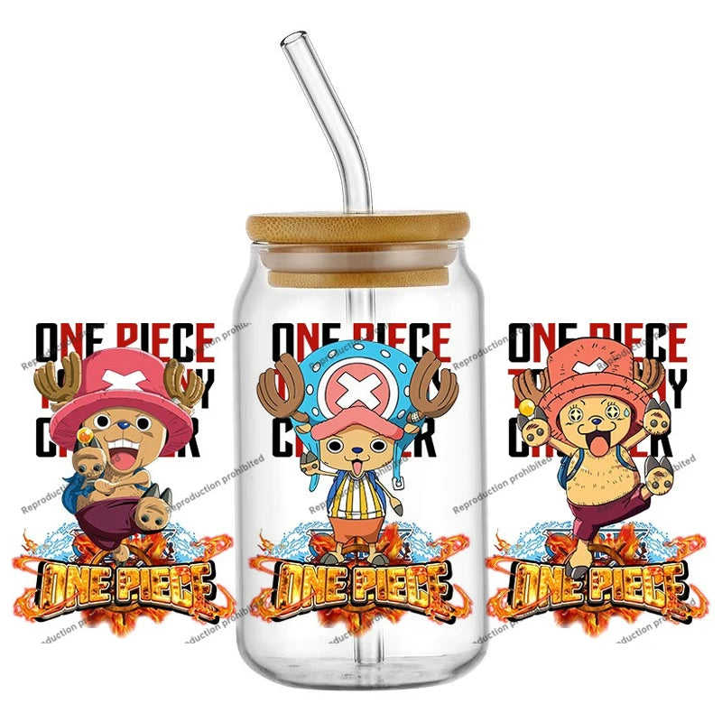 A collection of the newest 31 designs of popular One Piece UV DTF Stickers for a 16oz glass cup.