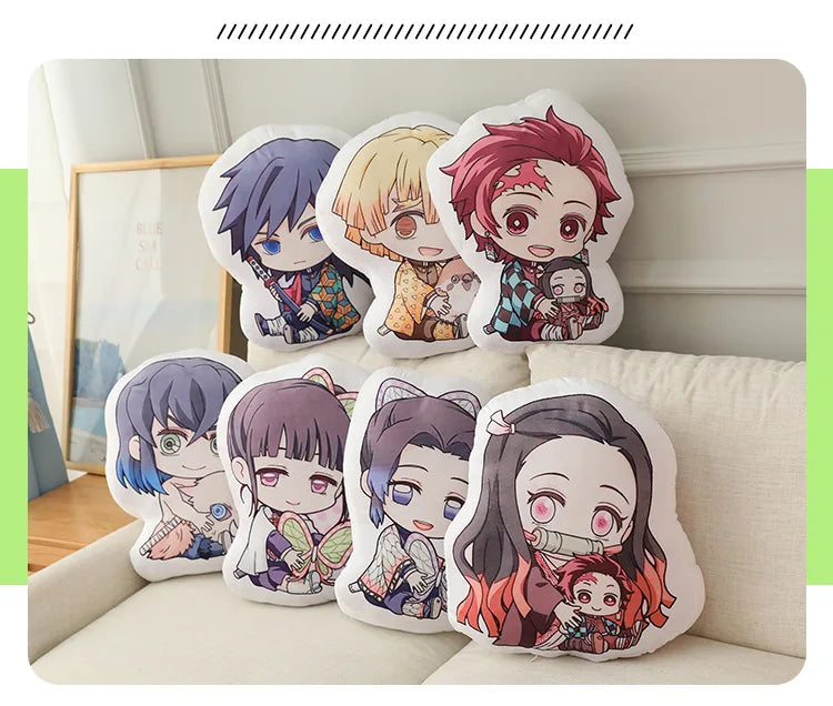 Demon Slayer Nezuko Kawaii Stuffed Plush Doll showcased with a girl holding the cushion featuring Nezuko and Tanjiro designs.