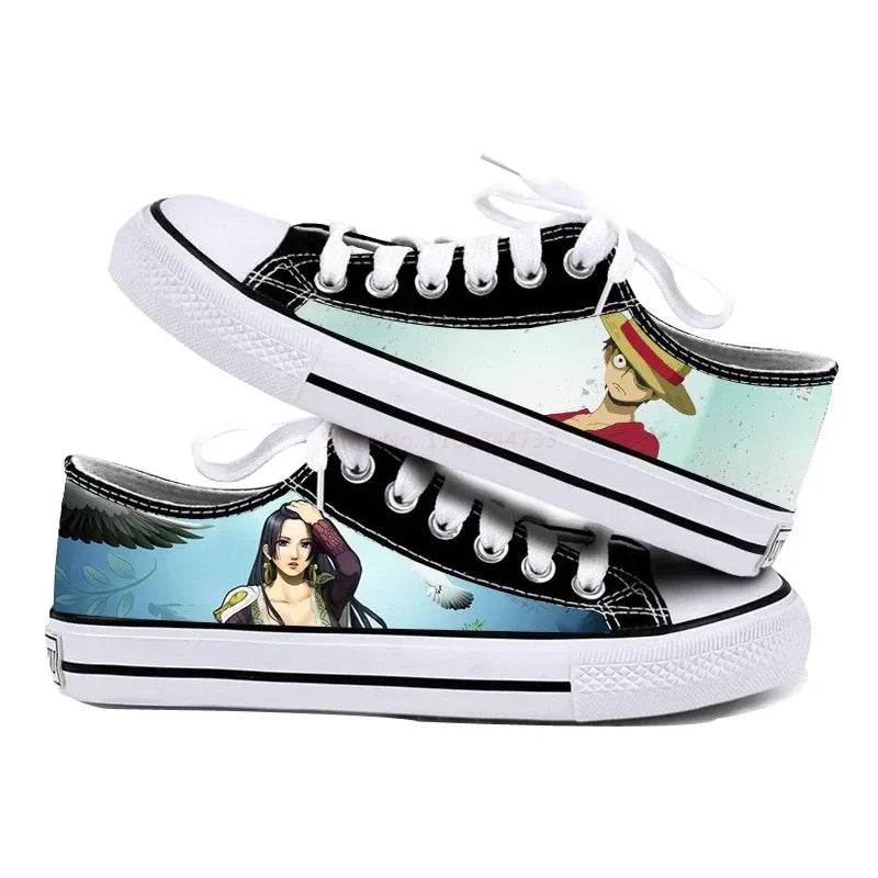 One Piece Anime Low Top Canvas Sneakers flat lay pair printed anime canvas couple birthday gift