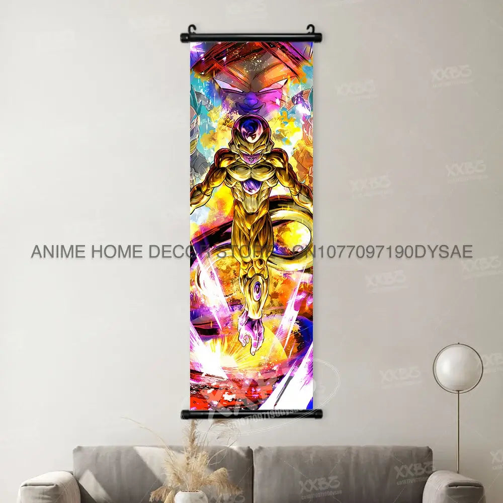 High-definition Dragon Ball Posters hanging scroll wall art featuring Son Goku, Vegeta, and Frieza printed on canvas for home decor.