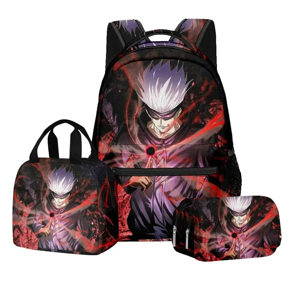 A 3-piece Jujutsu Kaisen Backpack Set featuring a digital print schoolbag, thermal lunch bag, and 2-layer pencil case for boys.