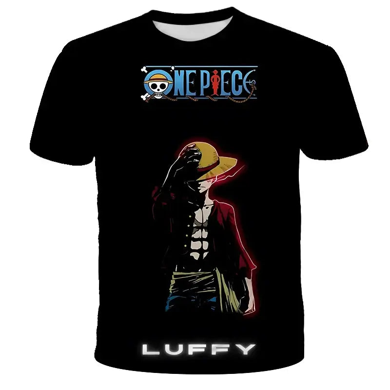 A breathable One Piece Luffy T-shirt featuring a cartoon graphic, designed as a loose-fit casual top for men and boys.