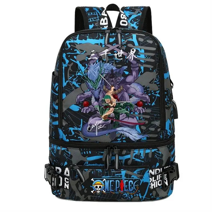 One Piece Anime Polyester School Travel Backpack featuring vibrant artwork and stylish design for teens.