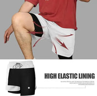A man wearing the white One Piece Running Shorts for the gym, with a double layer and Straw Hat Crew design.