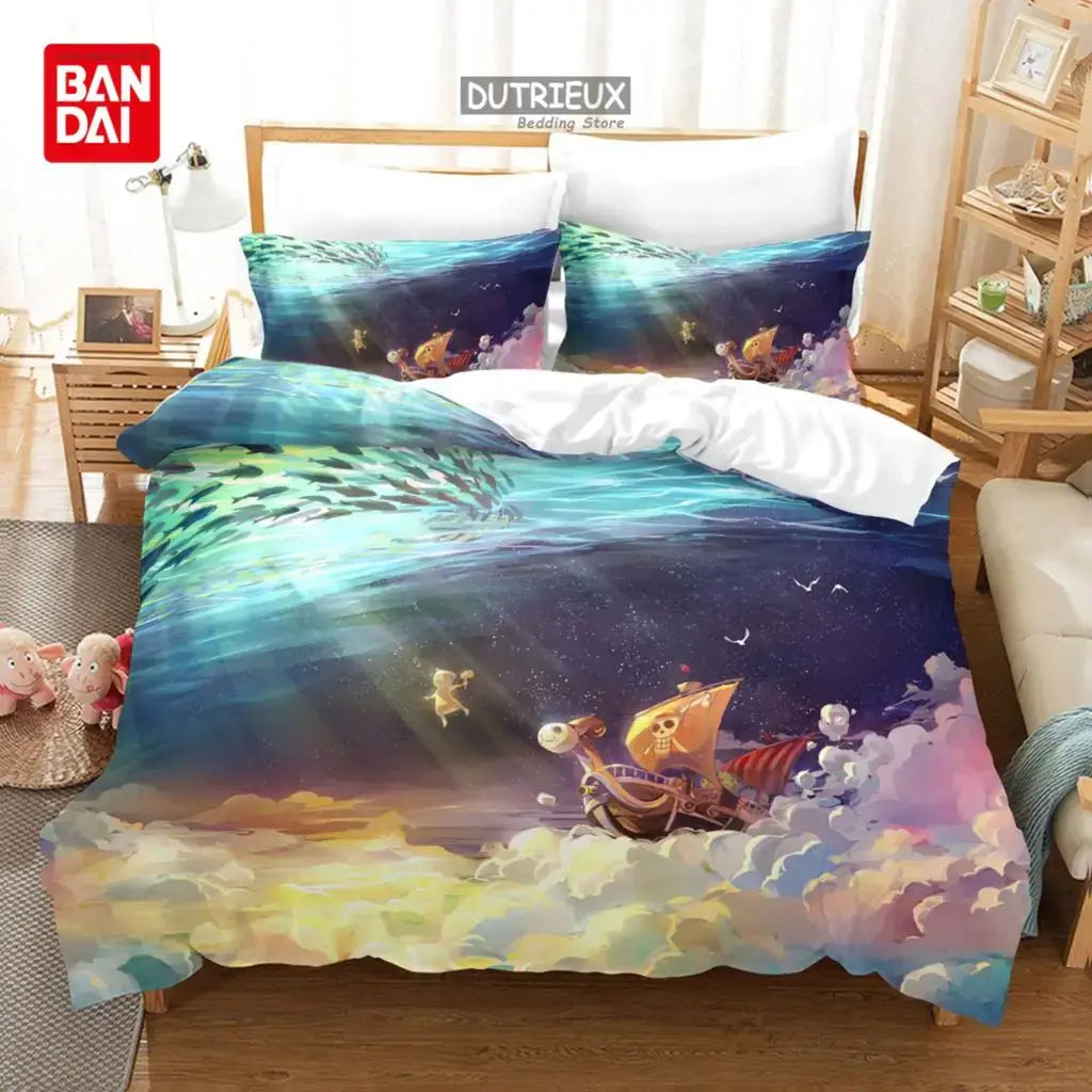 A Bandai One Piece Bedding Set featuring Monkey D. Luffy on a duvet cover and pillowcases, designed for anime bedroom decoration.