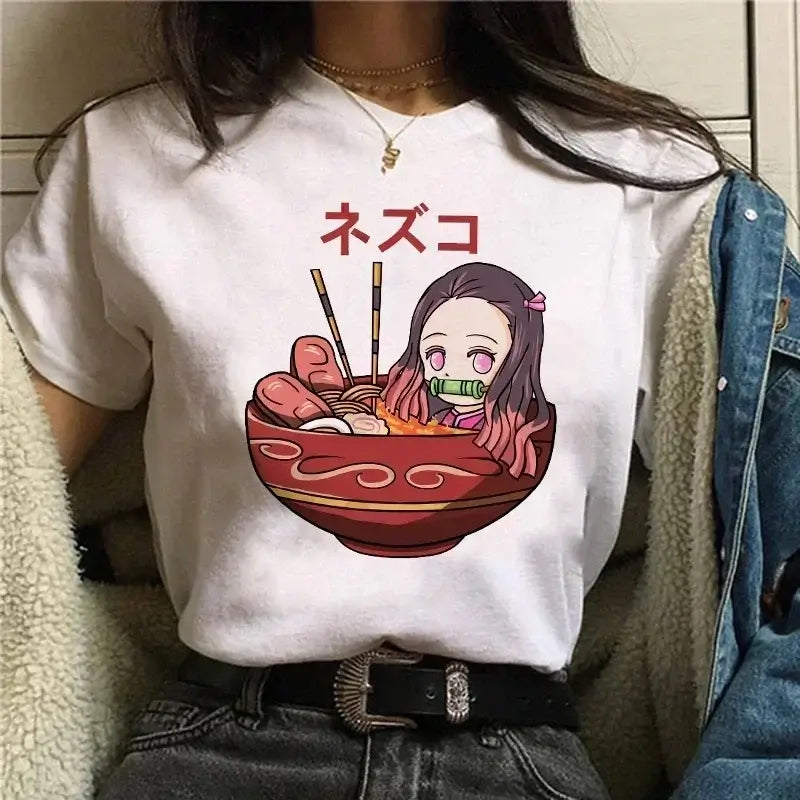 A Demon Slayer T Shirt for Women, a female Kimetsu No Yaiba graphic tee with a Nezuko and Tanjirou Kamado print.