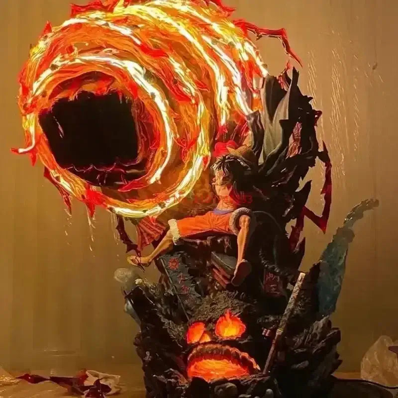 A dynamic Luffy Gear 3 Figure made of PVC, featuring glowing LED Red Roc fire effects, designed as a GK anime collectible statue.