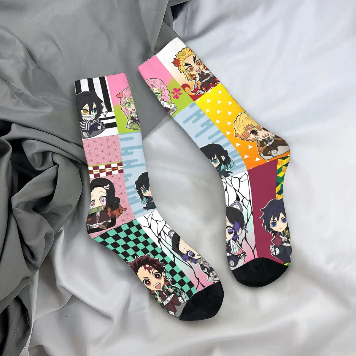 Breathable Demon Slayer Socks featuring Nezuko Kamado and Giyu Tomioka patterns, designed as trendy non-slip skateboard stockings for men and women.