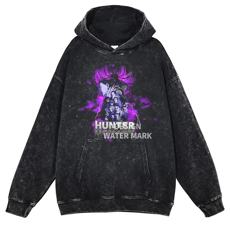Gon Freecss Hunter x Hunter Washed Hoodie showcasing black with purple graphic design, perfect for manga streetwear lovers.