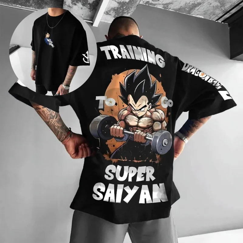 Close-up of Dragon Ball Vegeta Harajuku Oversized Anime T-Shirt Vegeta print detail retro fabric