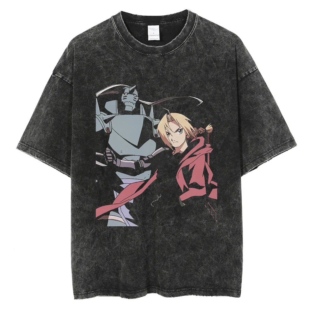 Close-up of Fullmetal Alchemist Washed Vintage Anime T-Shirt print detail washed cotton fabric