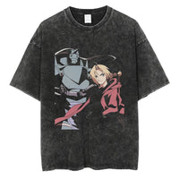 Close-up of Fullmetal Alchemist Washed Vintage Anime T-Shirt print detail washed cotton fabric