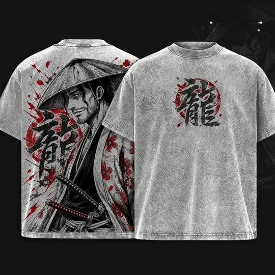 Kyoraku Shunsui Bleach Graphic Cotton T-Shirt featuring detailed design with samurai and floral elements.
