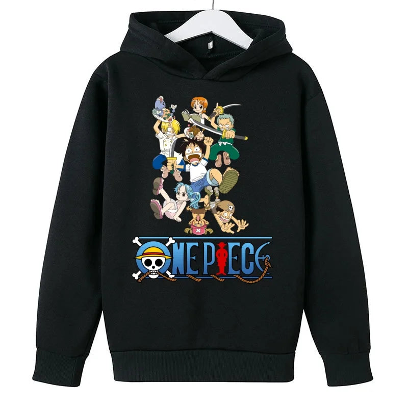 A trendy One Piece Kids Hoodie featuring cartoon graphic prints of Luffy and Zoro, designed as a casual spring and autumn pullover for children.
