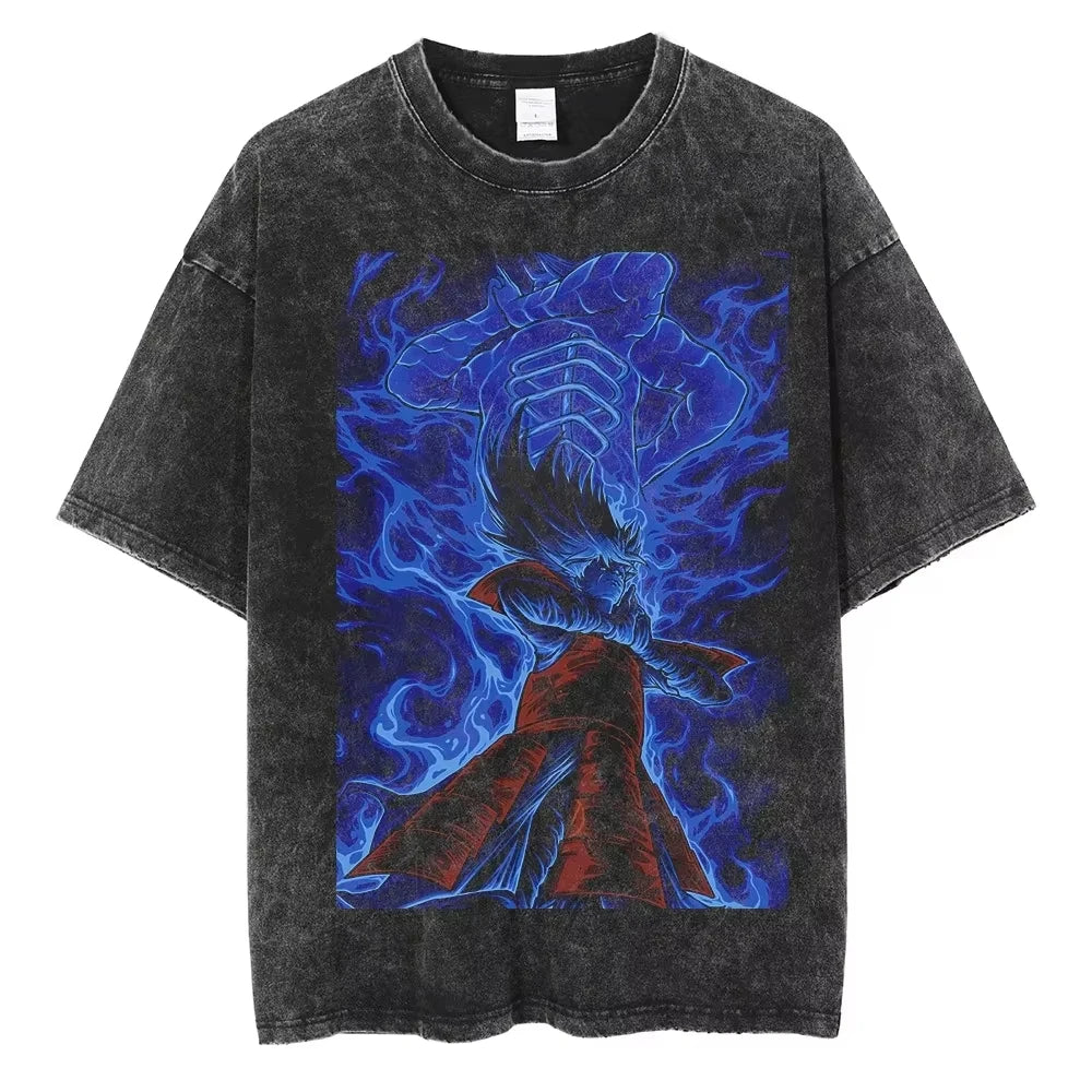 A washed black Naruto Vintage T-Shirt featuring a hip hop style anime print, designed as Harajuku streetwear for men and women.