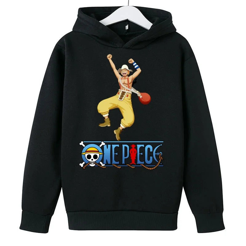 A trendy One Piece Kids Hoodie featuring cartoon graphic prints of Luffy and Zoro, designed as a casual spring and autumn pullover for children.