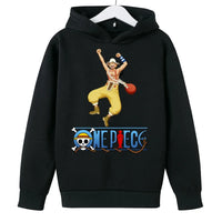 A trendy One Piece Kids Hoodie featuring cartoon graphic prints of Luffy and Zoro, designed as a casual spring and autumn pullover for children.