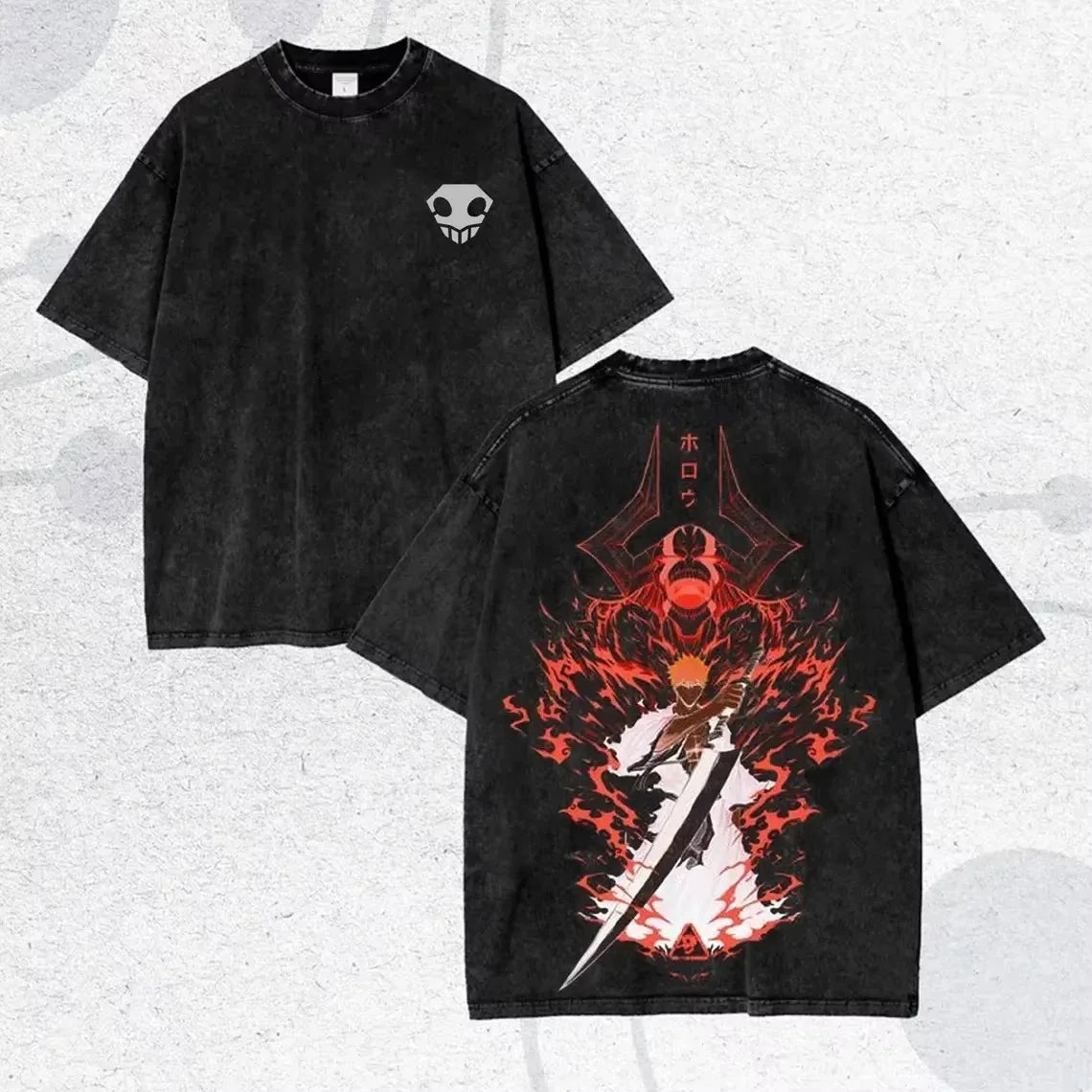 Bleach T-Shirt Vintage Washed Anime Streetwear oversized nylon-cotton blend Y2K hip-hop Bleach anime graphic washed finish applique unisex S to XXXL front view