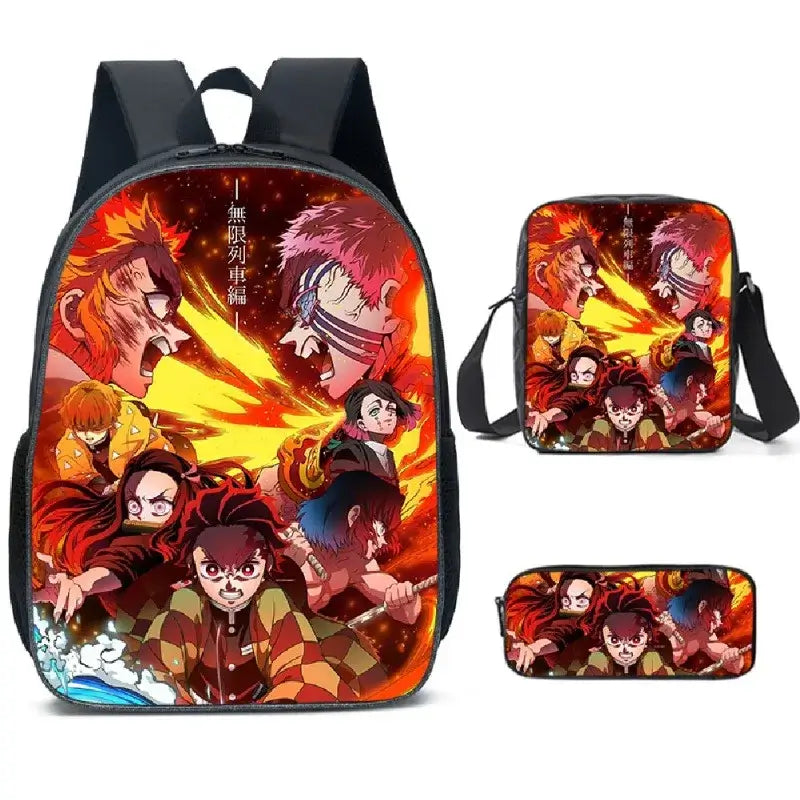 A pink Demon Slayer Backpack 3-piece set featuring Kamado Nezuko anime art, including a schoolbag, shoulder bag, and pencil case for students.