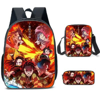 A pink Demon Slayer Backpack 3-piece set featuring Kamado Nezuko anime art, including a schoolbag, shoulder bag, and pencil case for students.
