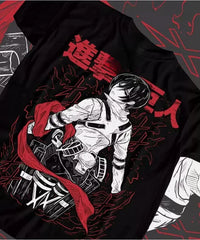 A stylish Levi Ackerman T-shirt made of soft cotton, featuring a Shingeki no Kyojin anime graphic pattern for men and women.