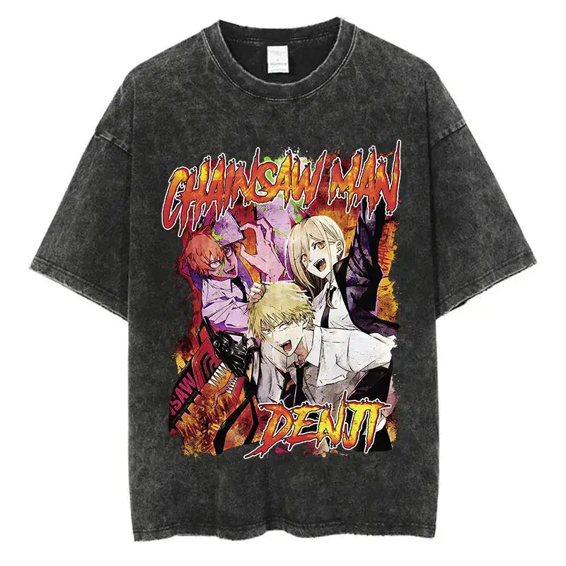 Chainsaw Man Power Print T-Shirt Y2K Harajuku washed cotton unisex anime tee men women