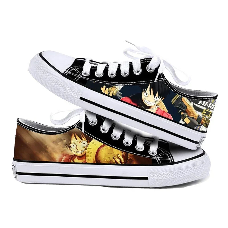 One Piece Anime Low Top Canvas Sneakers flat lay pair printed anime canvas couple birthday gift