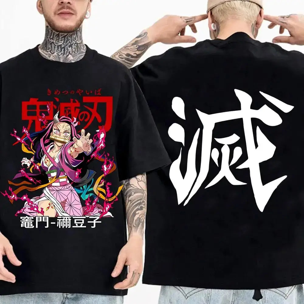 Demon Slayer Cotton Parent-Child Anime T-Shirt worn by parent and child matching summer outfit