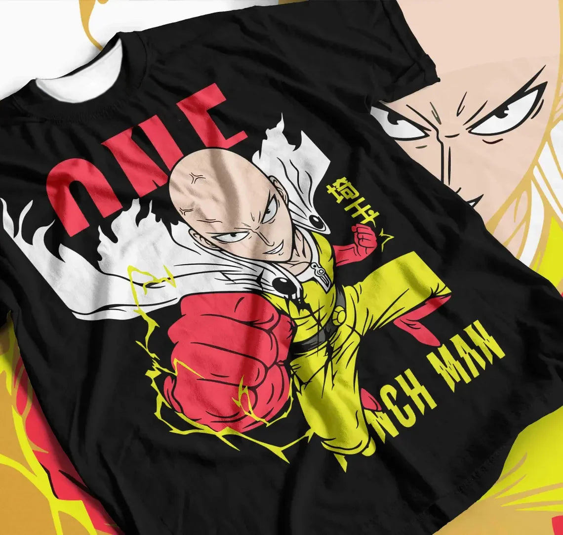 A loose-fit Saitama T-Shirt featuring a high saturation 3D print of the Critical Pose and color-blocked design for One Punch Man fans.