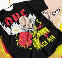 A loose-fit Saitama T-Shirt featuring a high saturation 3D print of the Critical Pose and color-blocked design for One Punch Man fans.