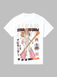 A trendy Nami Egghead Island T-Shirt by MINISO, featuring a retro Y2K graphic print of Nami's future outfit on soft cotton for men and women.