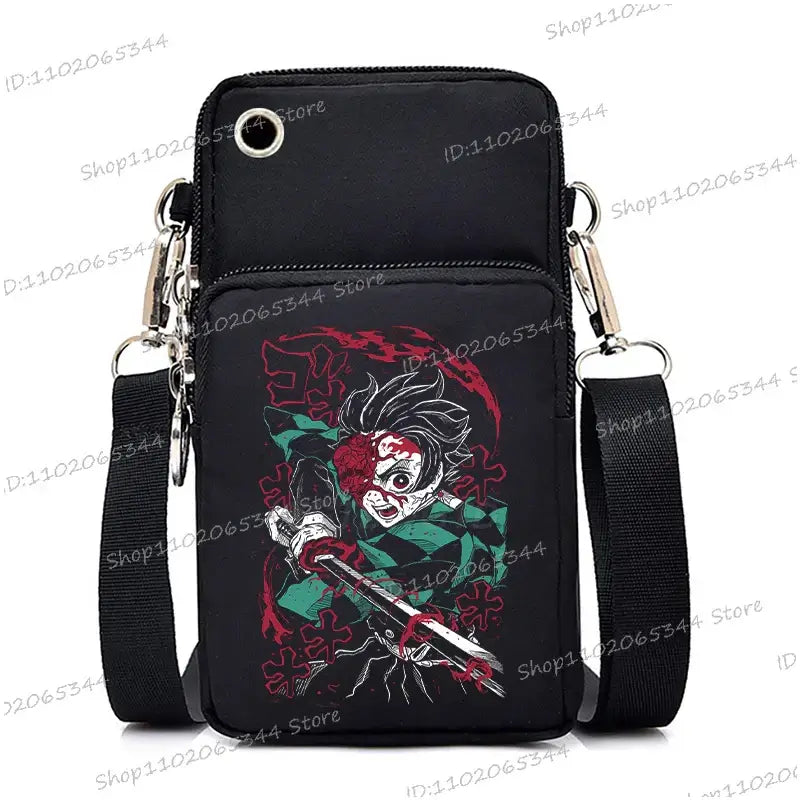 A trendy Demon Slayer Phone Bag featuring anime art of Nezuko Kamado and Mitsuri Kanroji, designed as a Harajuku mini crossbody purse for women and men.
