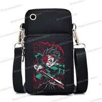 A trendy Demon Slayer Phone Bag featuring anime art of Nezuko Kamado and Mitsuri Kanroji, designed as a Harajuku mini crossbody purse for women and men.