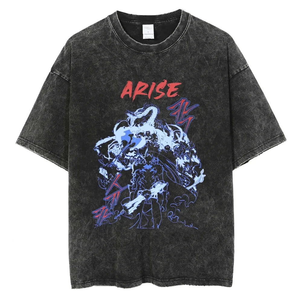 A hot unisex and plus size Solo Leveling Sung Jin-Woo Printed T Shirt in a washed cotton Harajuku style.