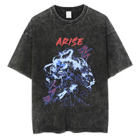 A hot unisex and plus size Solo Leveling Sung Jin-Woo Printed T Shirt in a washed cotton Harajuku style.