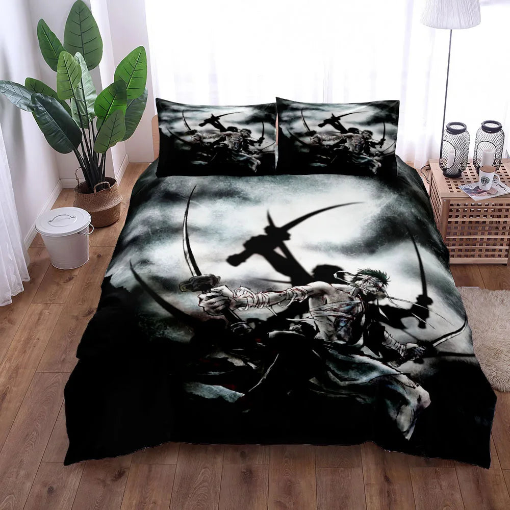 A vibrant One Piece Bedding Set featuring Monkey D. Luffy anime art on a duvet cover and pillowcase, designed for children's bedroom decor.