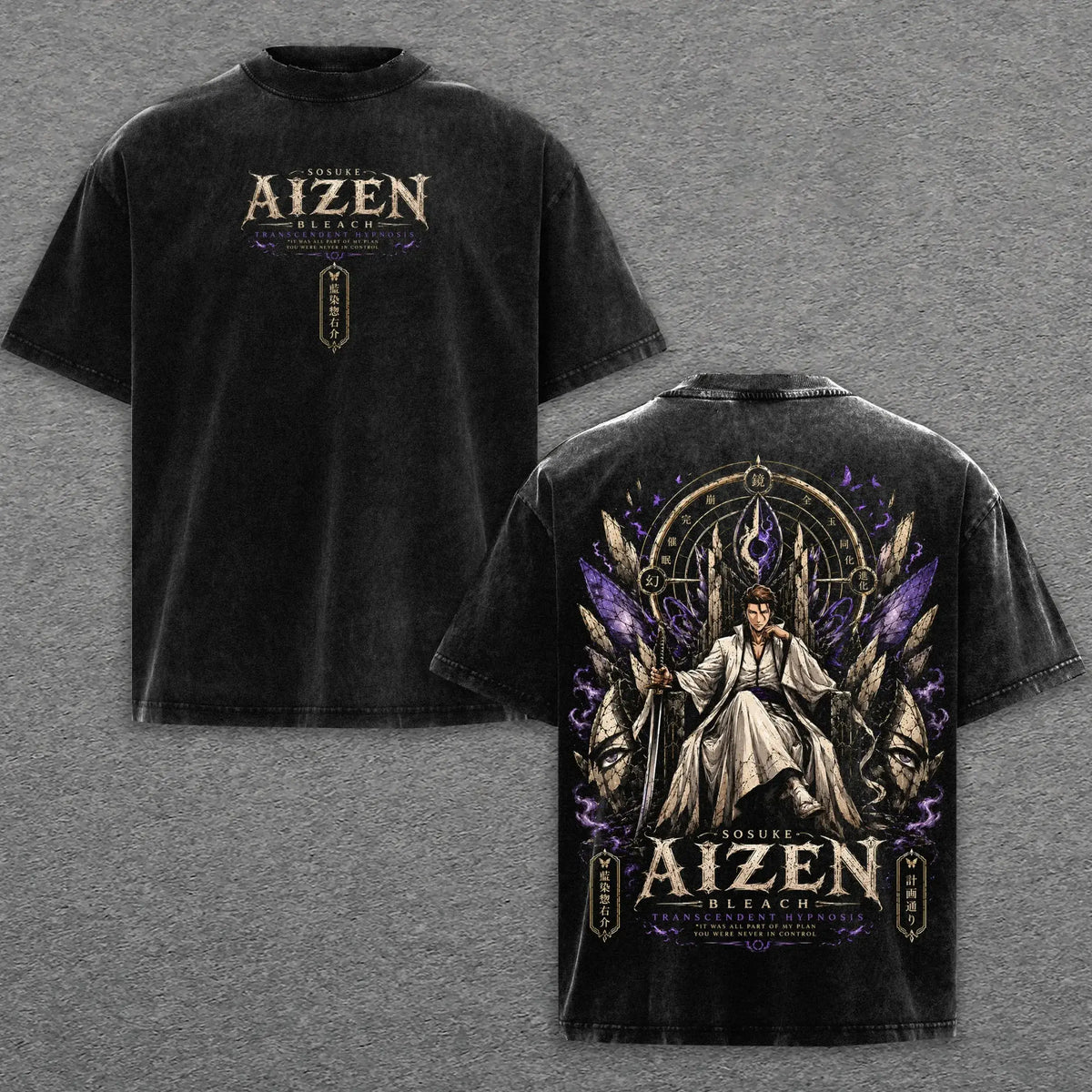Sosuke Aizen Bleach Vintage Washed T-Shirt in black with graphic design, oversized cotton tee.