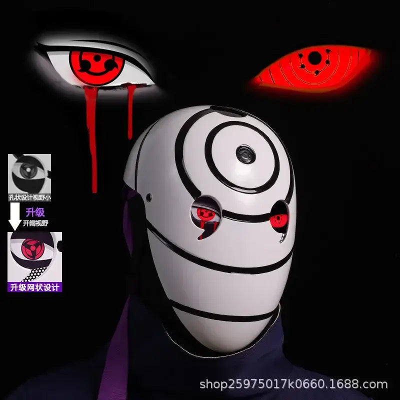 A highly imitative, high-gloss Obito Cosplay Mask featuring the Akatsuki Sharingan design for anime Halloween costumes and conventions.