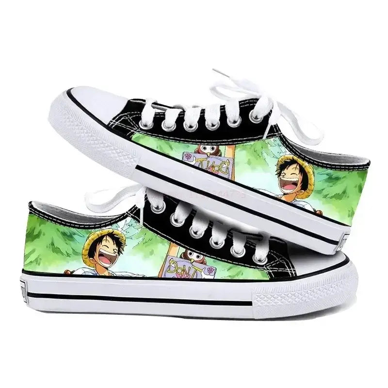 Trendy One Piece Canvas Shoes featuring Riman printed anime art, designed as breathable low-top flat sneakers for boys, girls, and couples.