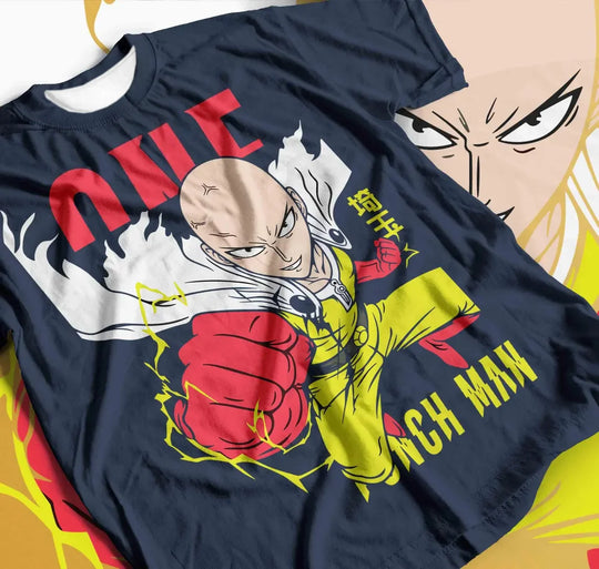 A loose-fit Saitama T-Shirt featuring a high saturation 3D print of the Critical Pose and color-blocked design for One Punch Man fans.