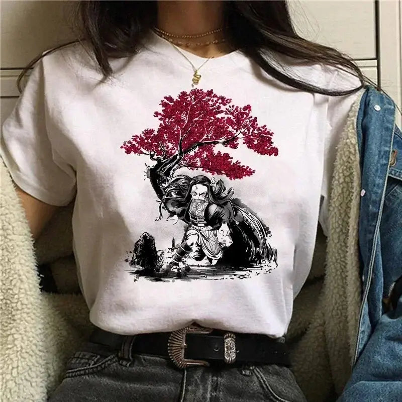 A Demon Slayer T Shirt for Women, a female Kimetsu No Yaiba graphic tee with a Nezuko and Tanjirou Kamado print.